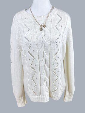 Talbots Sweater Ivory Cable Chunky Knit Cotton (L)